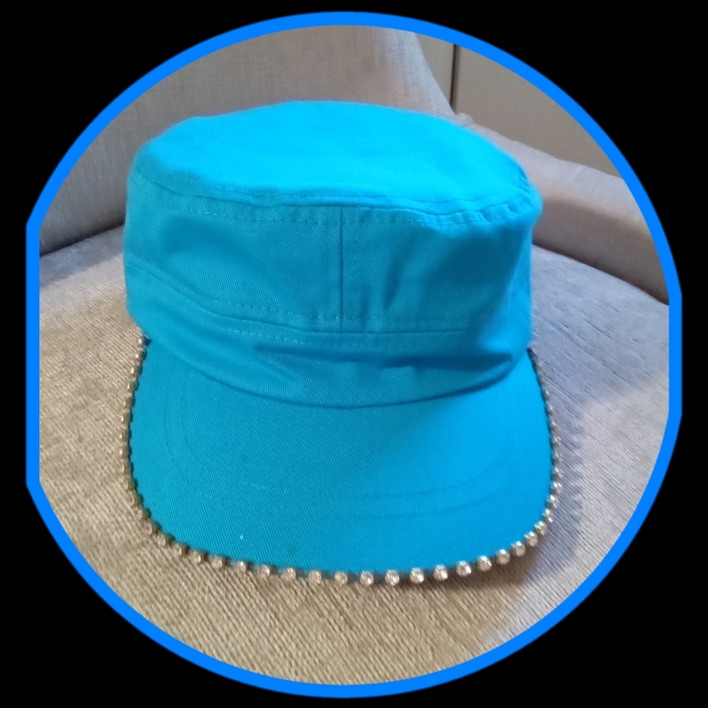 Crown Aqua Blue Cadet Style Cap w/Bejeweled Visor